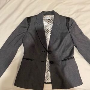 grey tahari arthur s. levine blazer with black leather accents